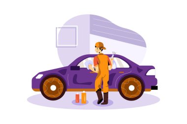 Araba Yıkama Servisi Vektör Çizimi konsepti. Düz illüstrasyon beyaz arkaplanda izole edildi.