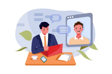 Çevrimiçi iş görüşmesi. İK yönetimi adayla konferans üzerinden iletişim kurmak için video çağrısı yapıyor, web kamerasından konuşuyor.