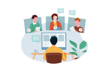 Çalışanlar Online Toplantı İllüstrasyon Konsepti. Düz illüstrasyon beyaz arkaplanda izole edildi.