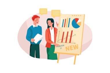 Erkek ve kadın yeni iş illüstrasyonu üzerinde çalışıyor. Düz illüstrasyon beyaz arkaplanda izole edildi.