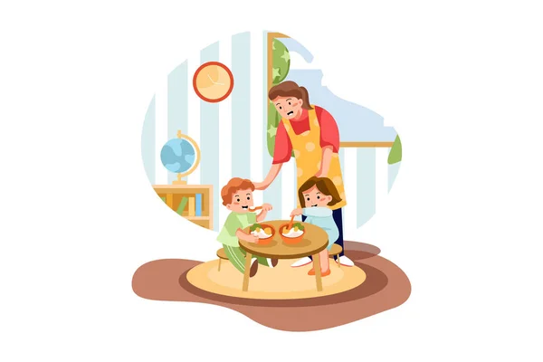 Dzieci Jedzące Posiłek Przedszkolu Wektor Koncepcja Ilustracji Płaska Ilustracja Odizolowana — Wektor stockowy