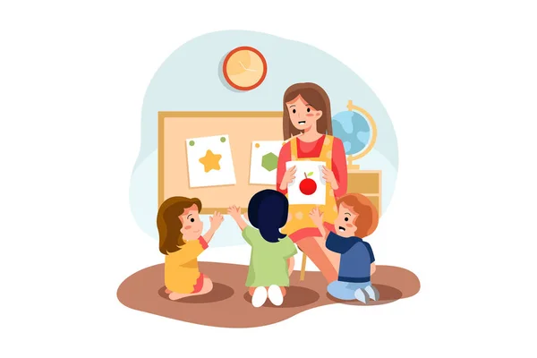 Концепция Playschool Teacher Kids Vector Плоская Иллюстрация Белом Фоне — стоковый вектор