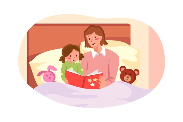 Mamá Lee Cuento Para Acostar Hijo Niña Durmiendo Después Leer — Archivo Imágenes Vectoriales