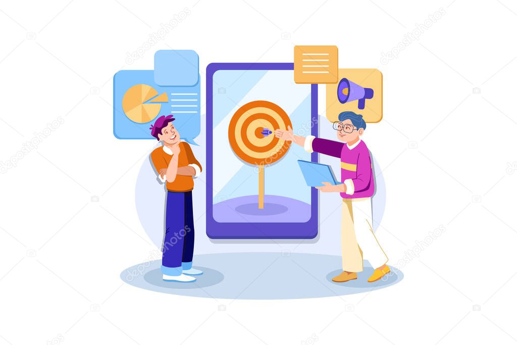 Re-marketing manager and specialist put targeted ads. re-marketing strategy. Flat illustration isolated on white background.