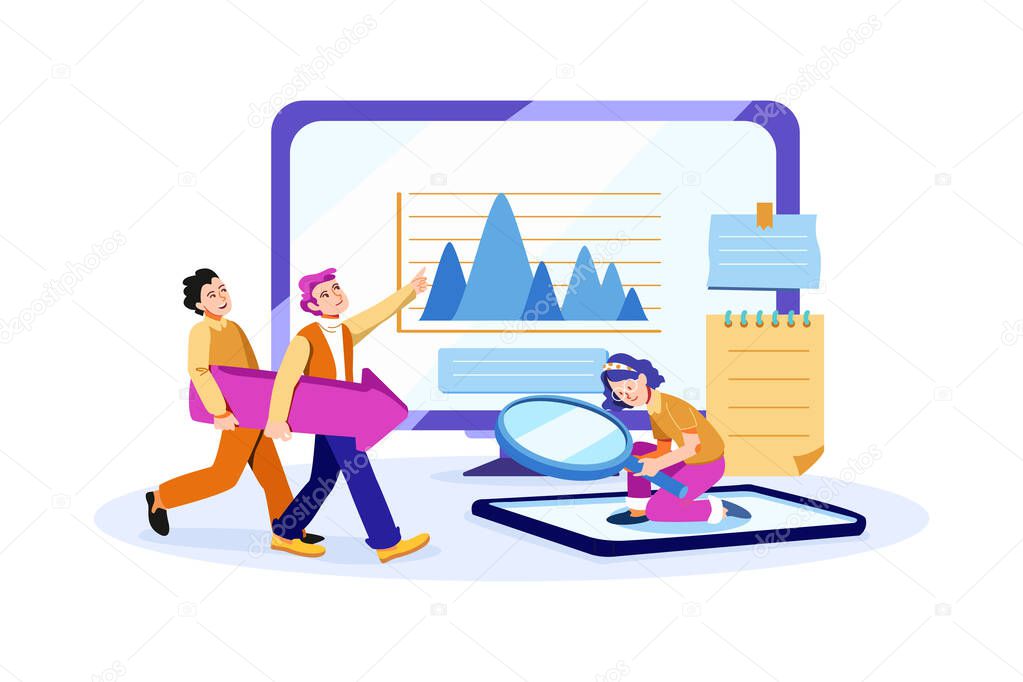 Team of specialists with magnifier and laptop and arrow digital marketing. Flat illustration isolated on white background.