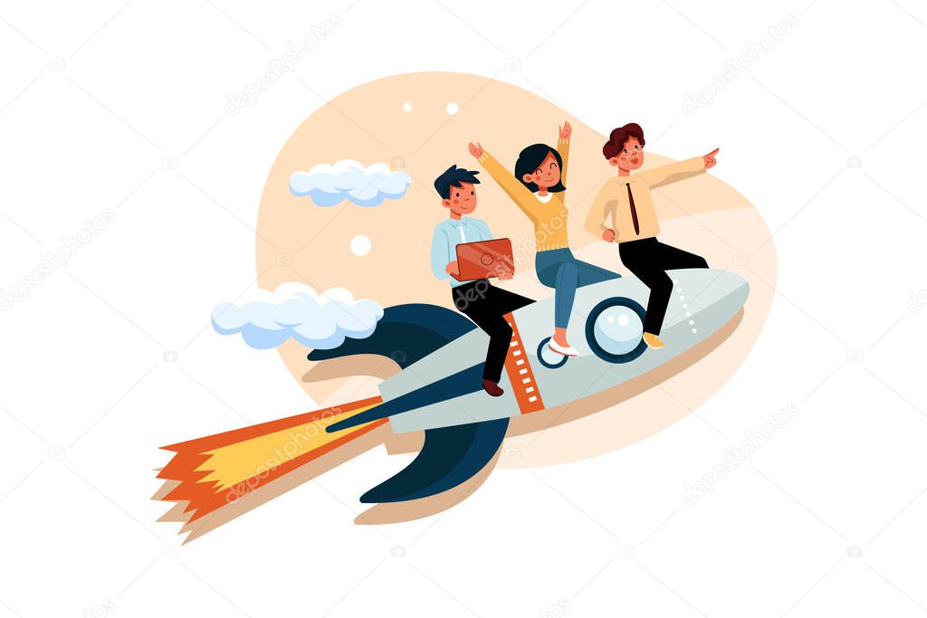 Business team go high to success on a rocket Vector Illustration concept. Flat illustration isolated on white background.