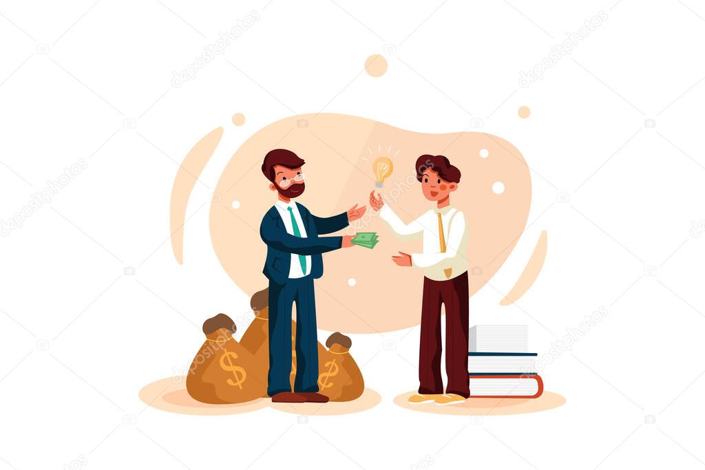 Selling the idea Vector Illustration concept. Businessmen at deal for money, rich man pays to creative thinking guy for new method, idea, product.
