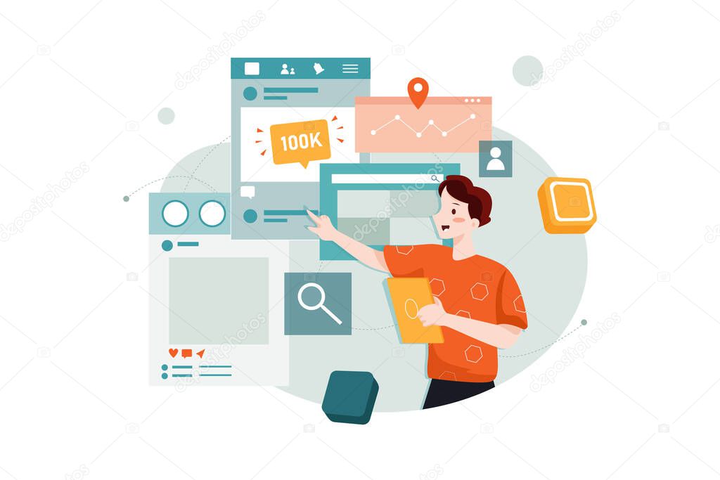 Social Media Marketing Illustration concept. Can use for web banner, infographics, hero images. Flat isometric illustration isolated on white background.