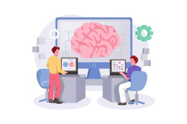 Yapay Zeka Programlama Çizim Konsepti. Bir grup insan bilgisayar başında oturup dev beyni programlıyor.