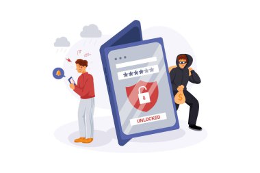 Siber Suçlar Çizimi konsepti. Düz illüstrasyon beyaz arkaplanda izole edildi.