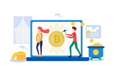 Madenciler ve madeni paralar ile kripto para kavramı. Bitcoin bulmak ve kripto para kazanmak için madencilik yapan bir işadamı. Düz biçim vektör illüstrasyonu.
