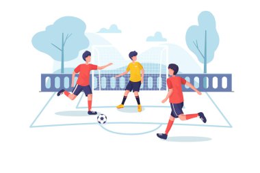 Karakterli futbol kavramı. Web afişi, mobil uygulama, kahraman resimleri için kullanılabilir. Beyaz arkaplanda düz vektör illüstrasyonu.