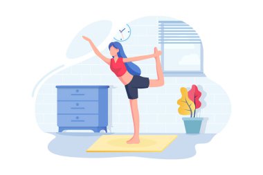 Karakterli yoga konsepti. Web afişi, mobil uygulama, kahraman resimleri için kullanılabilir. Beyaz arkaplanda düz vektör illüstrasyonu.