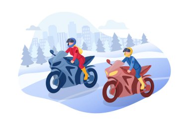 Karakterli motor yarışı konsepti. Web afişi, mobil uygulama, kahraman resimleri için kullanılabilir. Beyaz arkaplanda düz vektör illüstrasyonu.