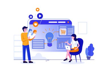 Pazarlama ekibi haber vektörü illüstrasyonunda müşterileri çekiyor