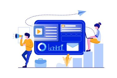 Çevrimiçi dijital pazarlama ekibi sosyal ağlar vektör illüstrasyonunda müşteri çekiyor