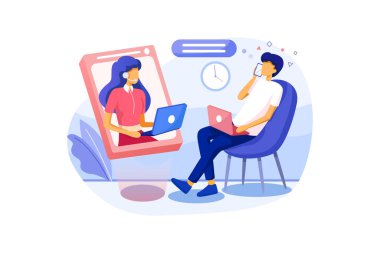 Genç bayanla gezici erkek sohbeti. Danışman kız cep telefonuyla yardım