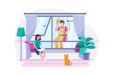 Temizlik hizmeti konsepti çizimi. Pencereyi silen temizlikçi kızı selamlıyor..