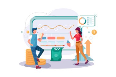 Mali gelir çizelgesini analiz eden işçiler. Yatırım ve sanal finans düz tasarım.