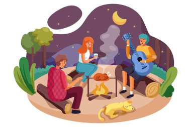 Bir grup kadın ve erkek piknik ve barbeküde eğleniyor. Vektör İllüstrasyon kavramı