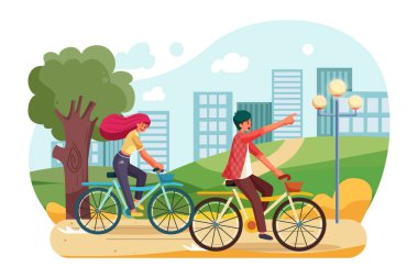 Parkta bisiklet süren insanlar. Vektör İllüstrasyon Konsepti