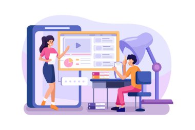 Öğrenciler online öğretmenle öğreniyor ve tartışıyorlar. Vektör İllüstrasyon kavramı.