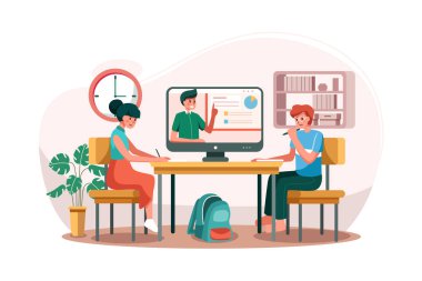 Oğlan ve kız online kursu masada öğreniyorlar. Vektör İllüstrasyon kavramı.
