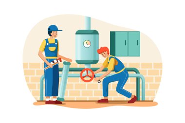 Tesisatçılar eski çelik boruları yenileriyle değiştiriyorlar.