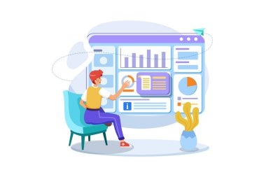 Müdür raporları ve bilgileri analiz ediyor. Düz illüstrasyon beyaz arkaplanda izole edildi.