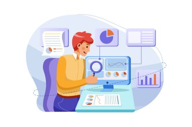 Ofis çalışanları iş verilerini analiz edip araştırıyorlar. Düz illüstrasyon beyaz arkaplanda izole edildi.