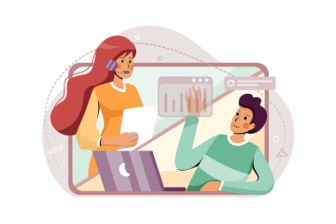 Bir kadının ev illüstrasyon konseptinden partneriyle online toplantısı var. Düz illüstrasyon beyaz arkaplanda izole edildi.