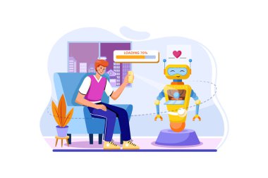 Robot Illustration programı için telefonunu kullanan bir adam. Düz illüstrasyon beyaz arkaplanda izole edildi.