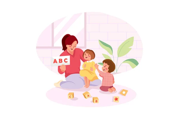 Μητέρα Δύο Παιδιά Που Μαθαίνει Αλφάβητο Κάρτες — Διανυσματικό Αρχείο