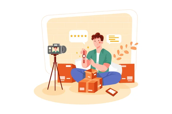 Man Vlogger Unboxing Och Granska Produkt Live Youtube Studio Illustration — Stock vektor