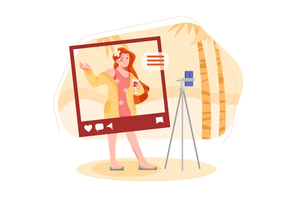 Influencer Registrazione Nuovo Video Concetto Illustrazione Illustrazione Piatta Isolata Sfondo — Vettoriale Stock