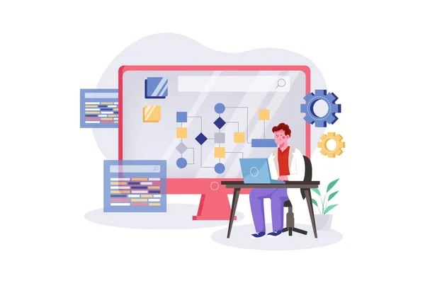 コンピュータアルゴリズムイラストの概念 白を基調とした平面図 — ストックベクタ