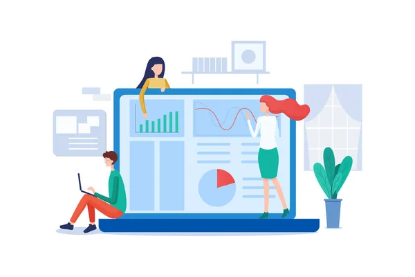 Business people on monitor analyze report graph and investment plan concept. Flat design concept social media monitoring and analysis by people digital business marketing working with visualize.