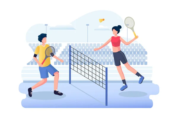 Karakterli Badminton Kavramı Web Afişi Mobil Uygulama Kahraman Resimleri Için — Stok Vektör