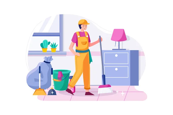 Schoonmaakservice Concept Illustratie Schoonmaker Met Bezem Tevreden Met Een Schoon — Stockvector