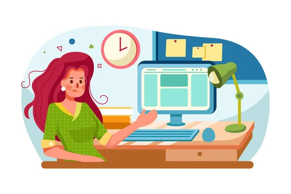 Karikatür Kız Yöneticisi Dağınık Saçlarla Bilgisayarda Çalışıyor Vektör Llüstrasyon Kavramı — Stok Vektör