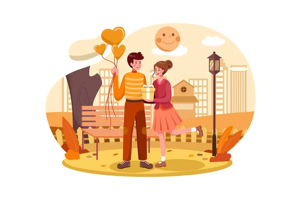 Couple Giving Presents Valentines Day Park Love Illustration — Stock Vector