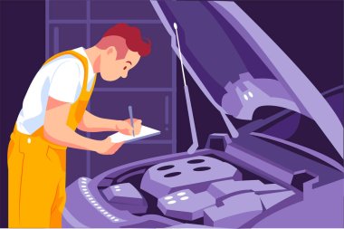 Car repairman writing on his clipboard while working at the garage clipart