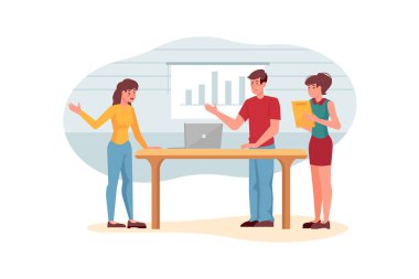 Başlangıç ekibi Vector Illustration kavramını tartışıyor. Düz illüstrasyon beyaz arkaplanda izole edildi.