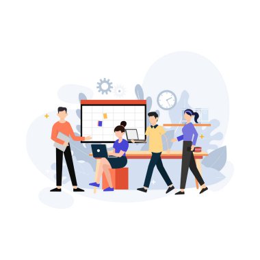 Takımımızın düz tasarım web şablonuyla tanışın. Bir grup gülen insan hoş geldin jesti yapıyor. Başla. Meslektaşlar ve arkadaşlar. Düz vektör illüstrasyonu.