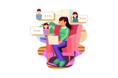 Asyalı kız öğrenci video konferansı öğretmenle ve sınıf arkadaşlarıyla evdeki oturma odasında bilgisayar başında e-öğrenme.