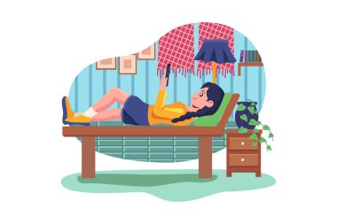 Gülümseyen genç kadın yatakta uzanıyor. Telsiz hoparlörde müzik dinliyor.