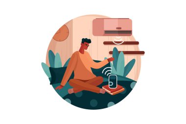 Klima kullanan ve hoparlör sesiyle saat kontrollü bir adam yatakta oturuyor. Düz illüstrasyon beyaz arkaplanda izole edildi.