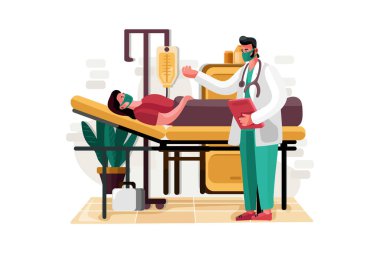 Doktor, hasta Vektör İllüstrasyon konseptine sağlık kontrolü yapıyor. Düz illüstrasyon beyaz arkaplanda izole edildi.