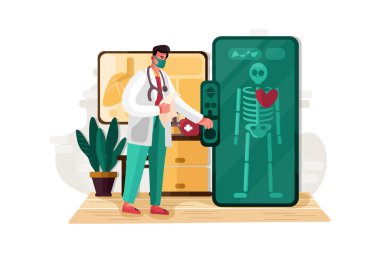 Dijital sağlık kontrolü yapan bir doktor Vektör İllüstrasyon konsepti. Düz illüstrasyon beyaz arkaplanda izole edildi.