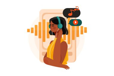 Podcast Illustration konseptini dinle. Düz illüstrasyon beyaz arkaplanda izole edildi.